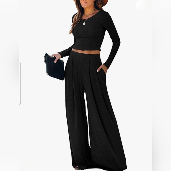 Ribbed Two Piece Set Body Con Crop Top with High Waist Palazzo Flare Pants - Picture 3 of 4